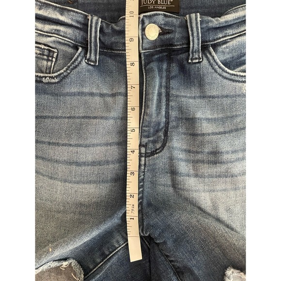 Judy Blue Shorts M Blue Denim Fray Slit Raw Hem High Rise Casual Comfort Stretch - Picture 7 of 13